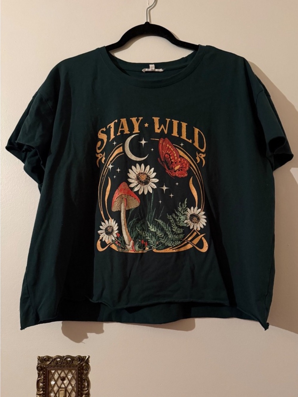 Maurices Dark Green "Stay Wild" Graphic boxy Tee with Floral butterfly Mushroom